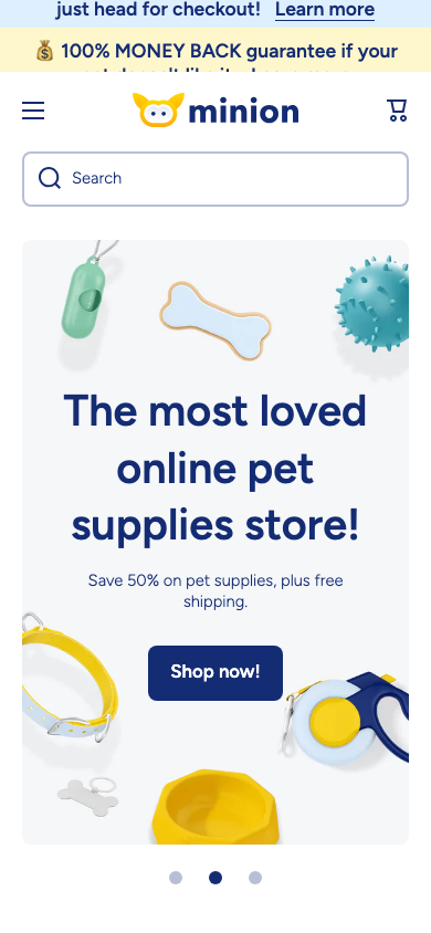 Search → panel opened — Navi+ on the Minion Shopify theme