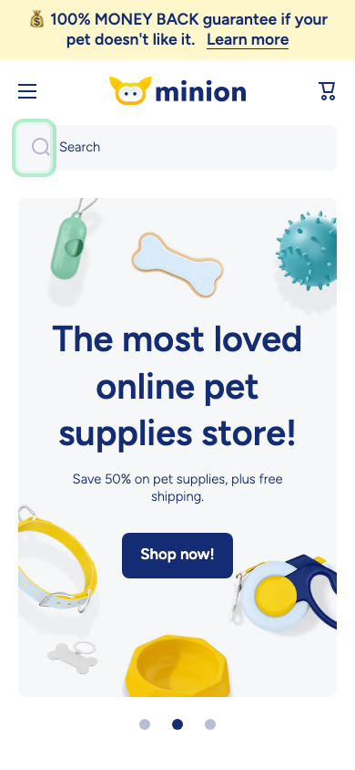 Search → panel opened — Navi+ on the Minion Shopify theme