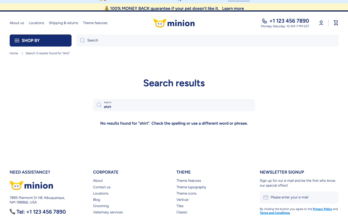 Search → panel opened — Navi+ on the Minion Shopify theme