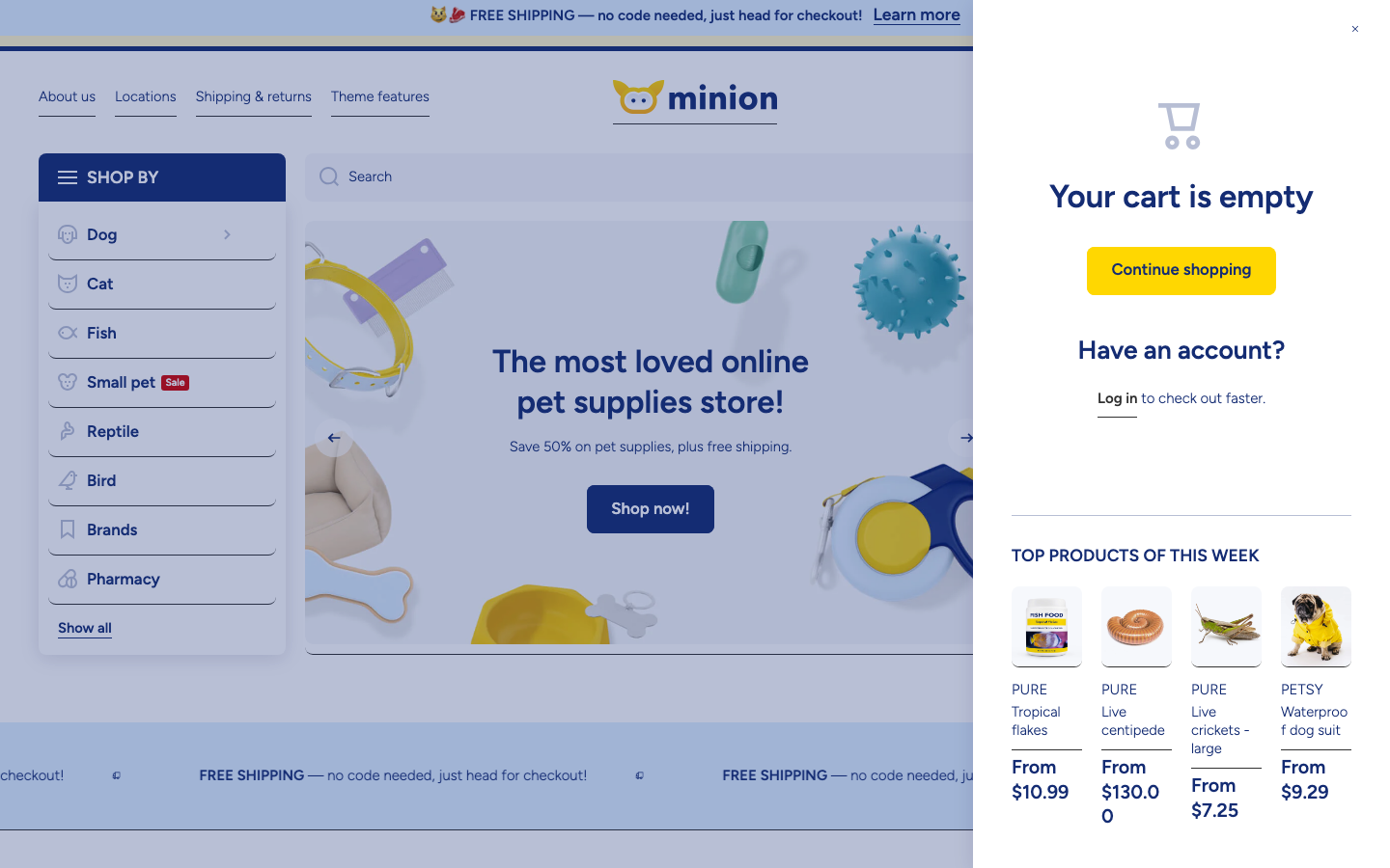 Cart → panel opened — Navi+ on the Minion Shopify theme