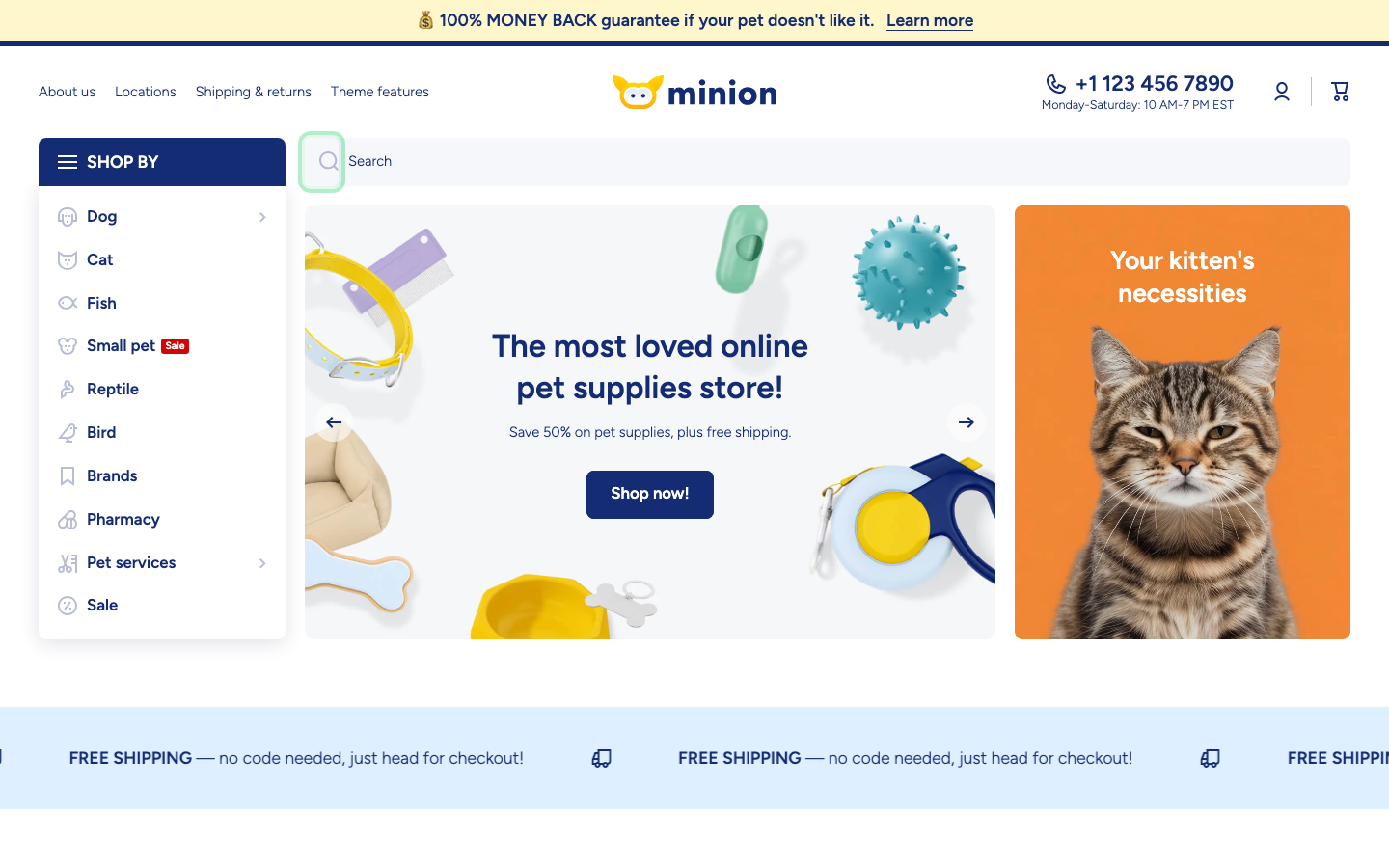 Search → panel opened — Navi+ on the Minion Shopify theme