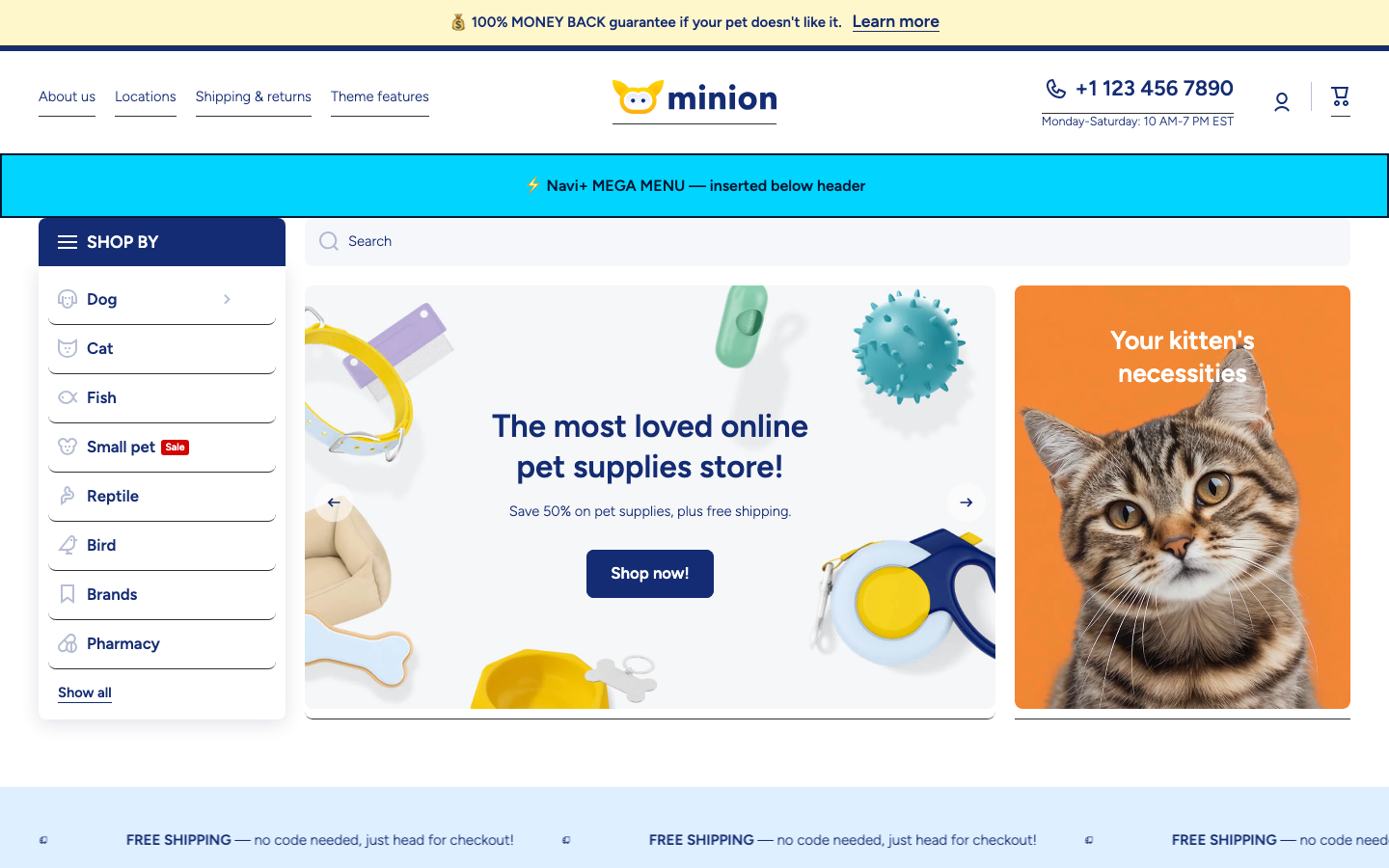 Menu inserted below header — Navi+ on the Minion Shopify theme