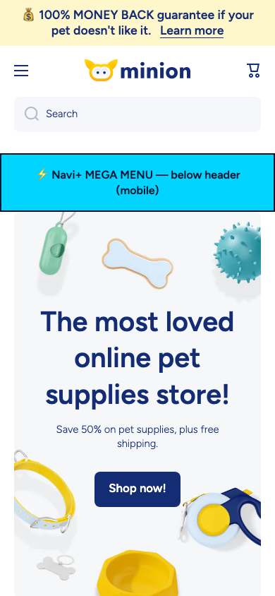 Menu inserted below header — Navi+ on the Minion Shopify theme