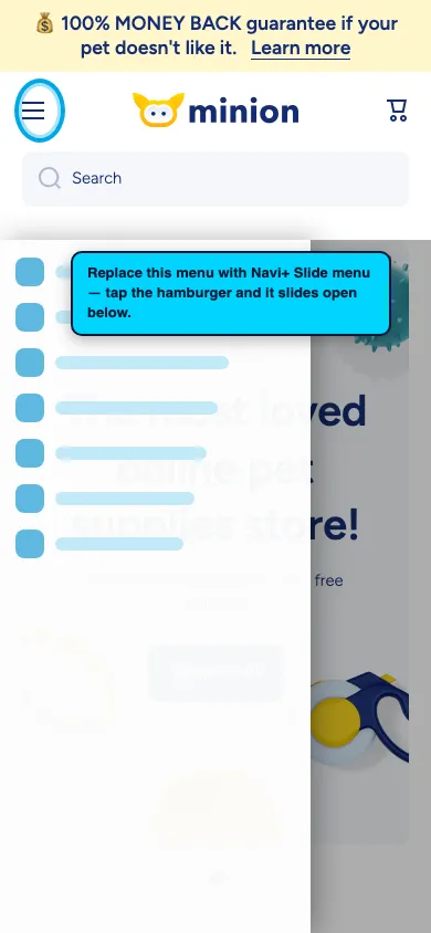 Navi+ Slide Menu on the Minion Shopify theme Navi+ Slide Menu on the Minion Shopify theme