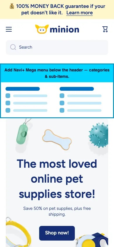 Navi+ mobile Mega Menu on the Minion Shopify theme Navi+ mobile Mega Menu on the Minion Shopify theme