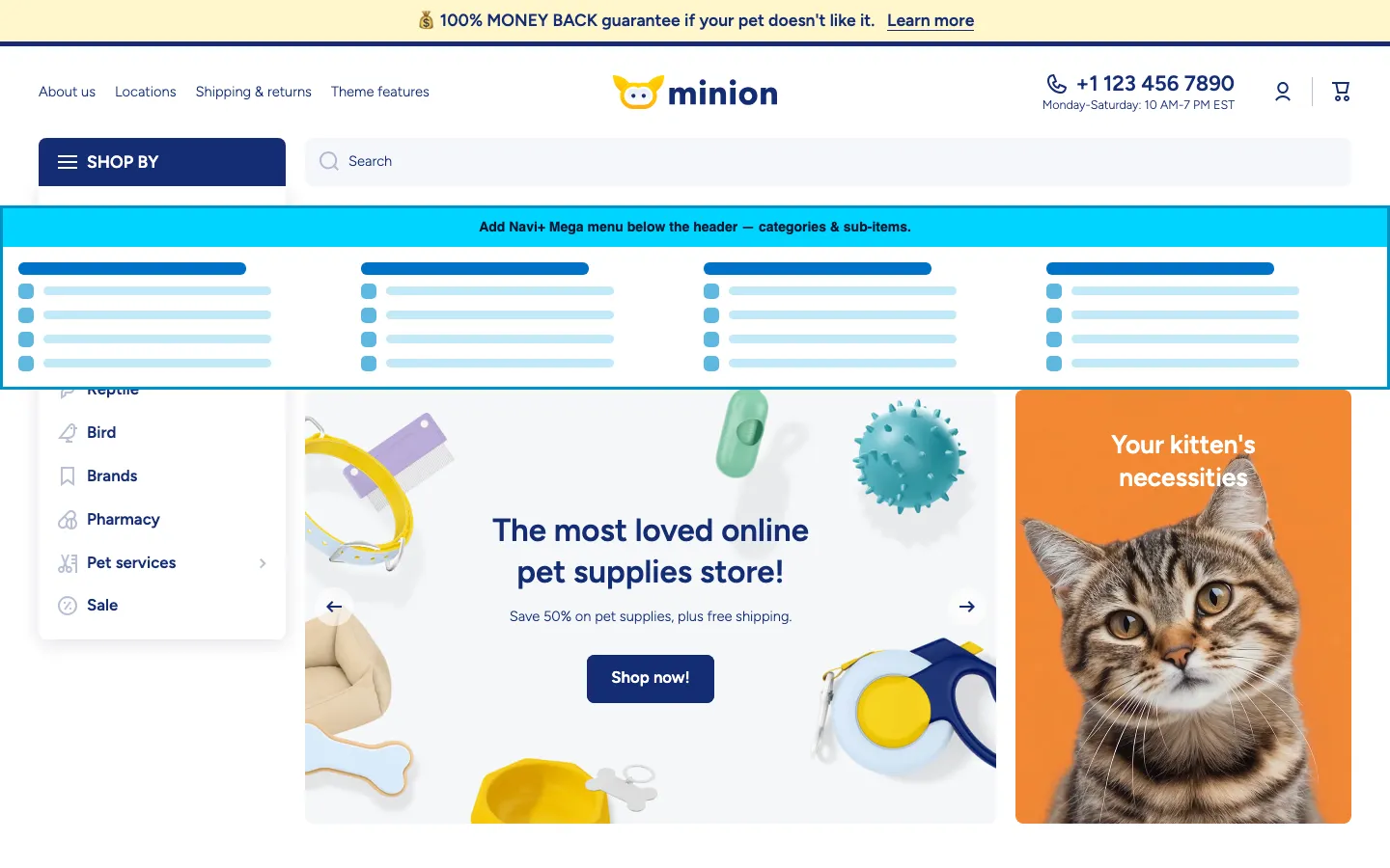 Navi+ Mega Menu inserted below the header on the Minion Shopify theme Navi+ Mega Menu inserted below the header on the Minion Shopify theme