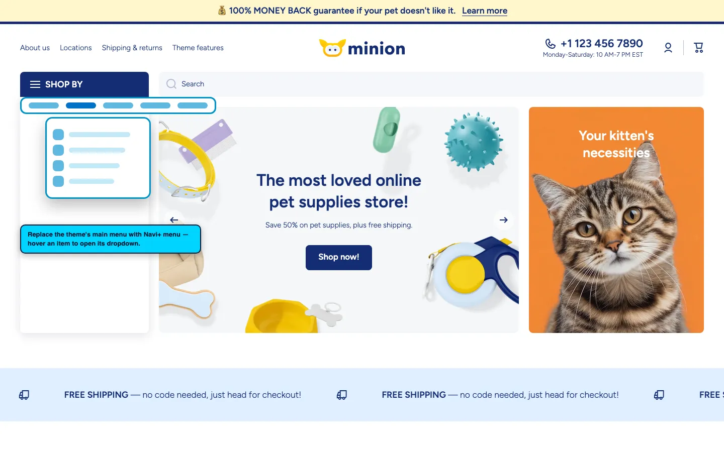Navi+ Mega Menu replacing the desktop menu on the Minion Shopify theme