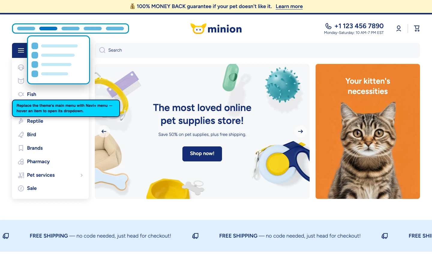 Navi+ Mega Menu replacing the desktop menu on the Minion Shopify theme Navi+ Mega Menu replacing the desktop menu on the Minion Shopify theme