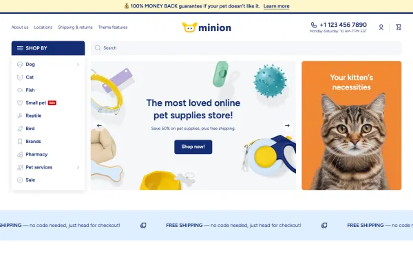 Full-page desktop screenshot of Shopify Minion theme demo store