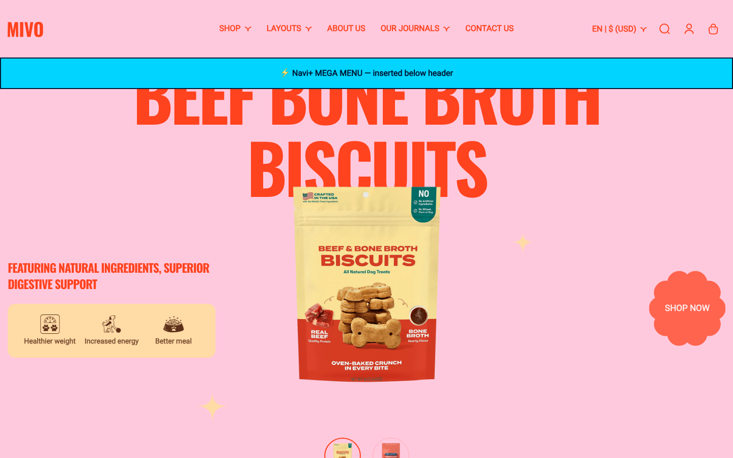 Menu inserted below header — Navi+ on the Mivo Shopify theme Menu inserted below header — Navi+ on the Mivo Shopify theme