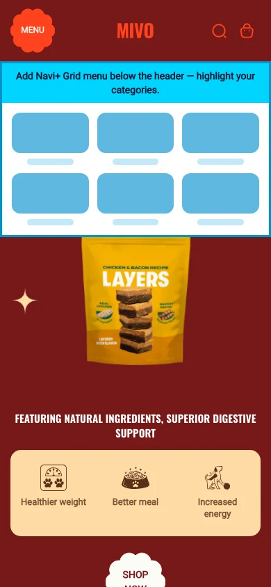Navi+ Grid Menu on the Mivo Shopify theme Navi+ Grid Menu on the Mivo Shopify theme