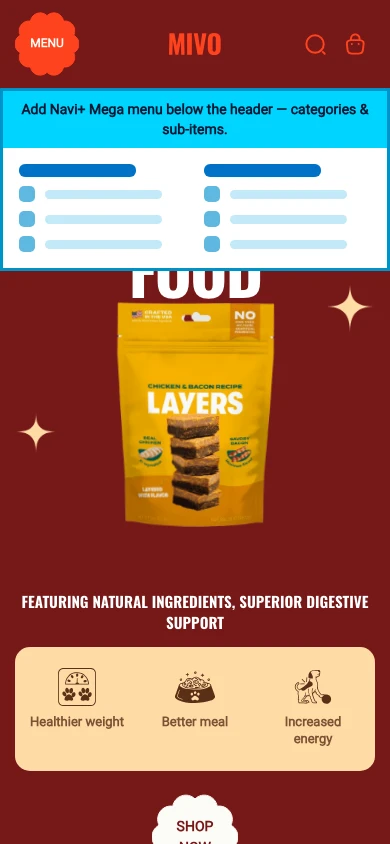 Navi+ mobile Mega Menu on the Mivo Shopify theme Navi+ mobile Mega Menu on the Mivo Shopify theme