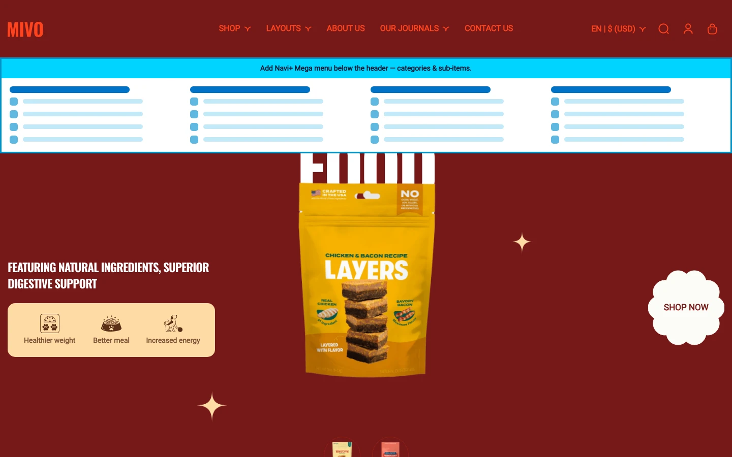 Navi+ Mega Menu inserted below the header on the Mivo Shopify theme Navi+ Mega Menu inserted below the header on the Mivo Shopify theme