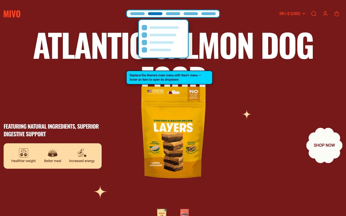Navi+ Mega Menu replacing the desktop menu on the Mivo Shopify theme Navi+ Mega Menu replacing the desktop menu on the Mivo Shopify theme