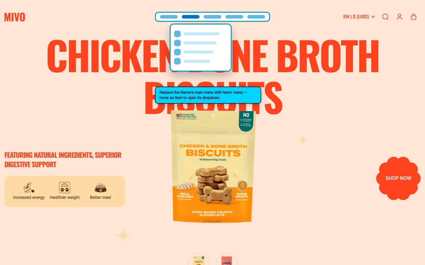 Navi+ Mega Menu replacing the desktop menu on the Mivo Shopify theme Navi+ Mega Menu replacing the desktop menu on the Mivo Shopify theme