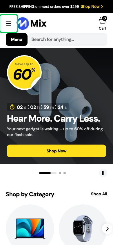 Hamburger → panel opened — Navi+ on the Mix Shopify theme Hamburger → panel opened — Navi+ on the Mix Shopify theme