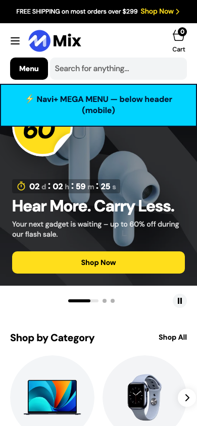 Menu inserted below header — Navi+ on the Mix Shopify theme Menu inserted below header — Navi+ on the Mix Shopify theme