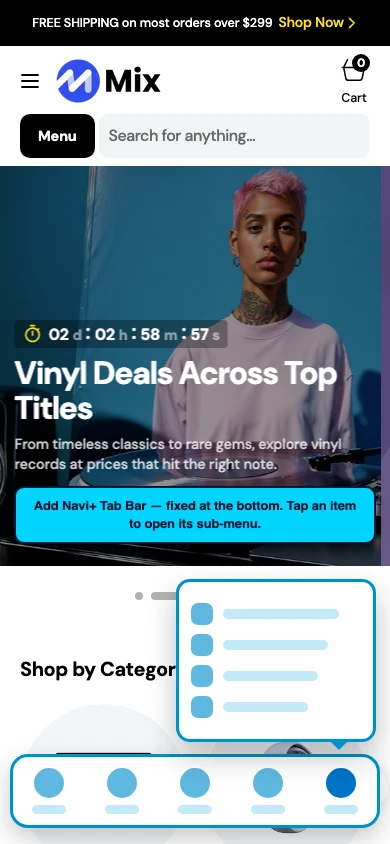 Navi+ Tab Bar on the Mix Shopify theme Navi+ Tab Bar on the Mix Shopify theme