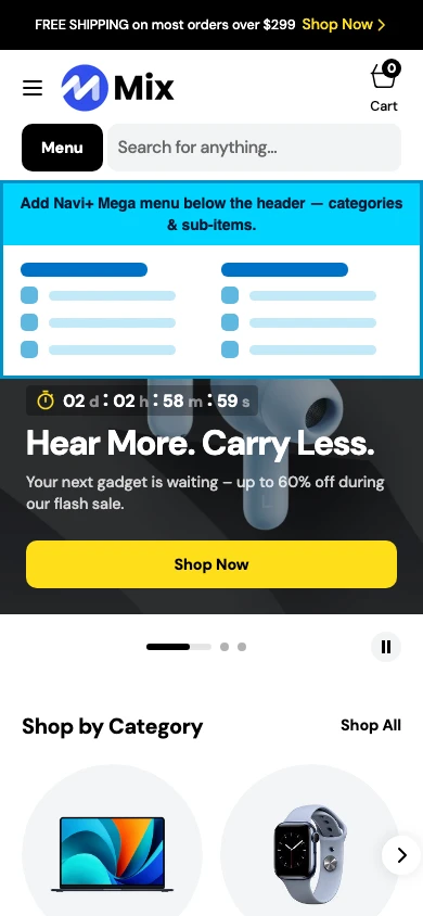 Navi+ mobile Mega Menu on the Mix Shopify theme Navi+ mobile Mega Menu on the Mix Shopify theme