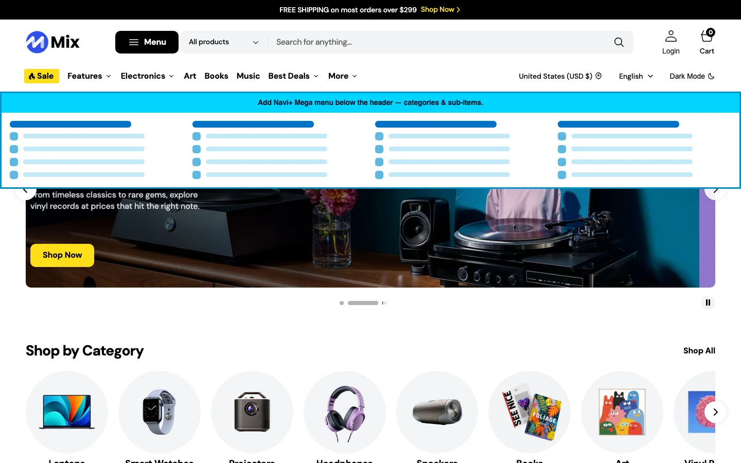 Navi+ Mega Menu inserted below the header on the Mix Shopify theme Navi+ Mega Menu inserted below the header on the Mix Shopify theme