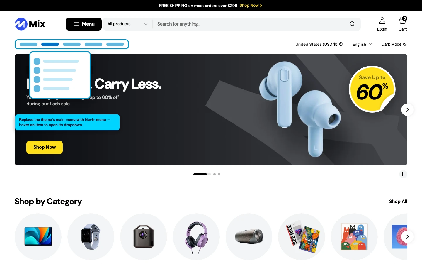 Navi+ Mega Menu replacing the desktop menu on the Mix Shopify theme Navi+ Mega Menu replacing the desktop menu on the Mix Shopify theme