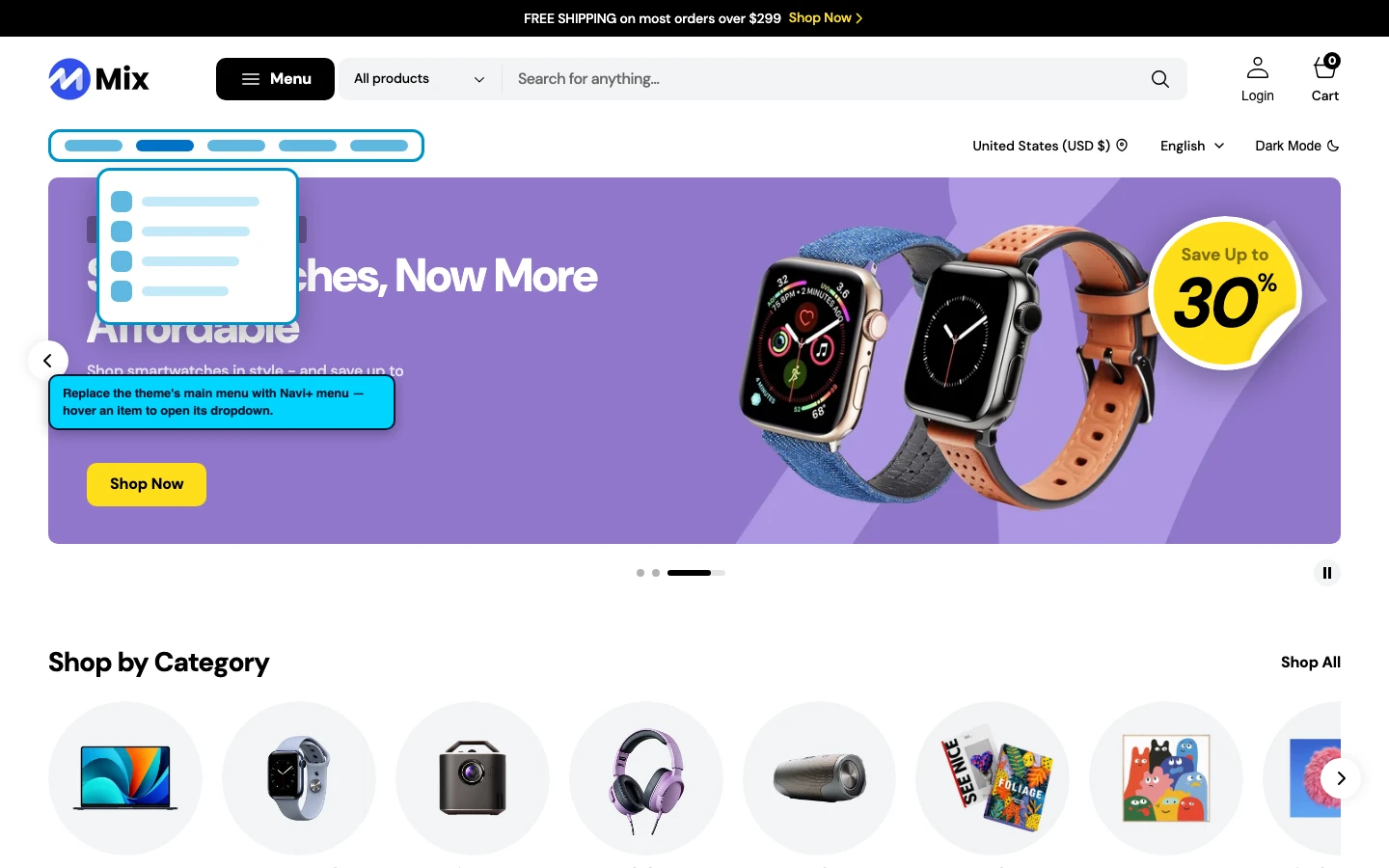Navi+ Mega Menu replacing the desktop menu on the Mix Shopify theme Navi+ Mega Menu replacing the desktop menu on the Mix Shopify theme