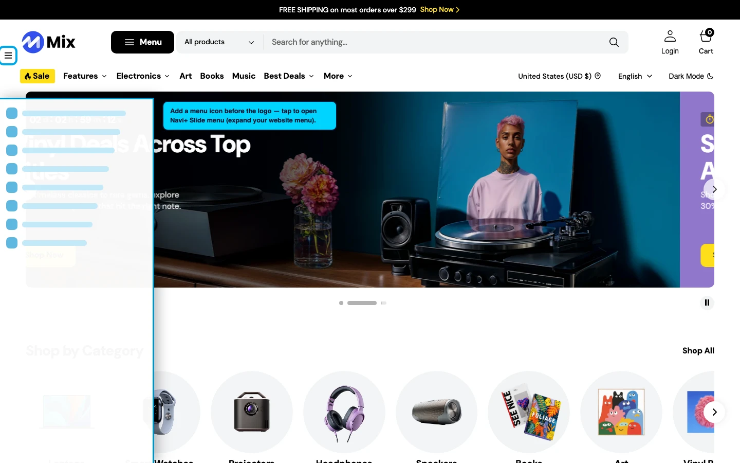 Navi+ trigger icon before the logo on the Mix Shopify theme Navi+ trigger icon before the logo on the Mix Shopify theme