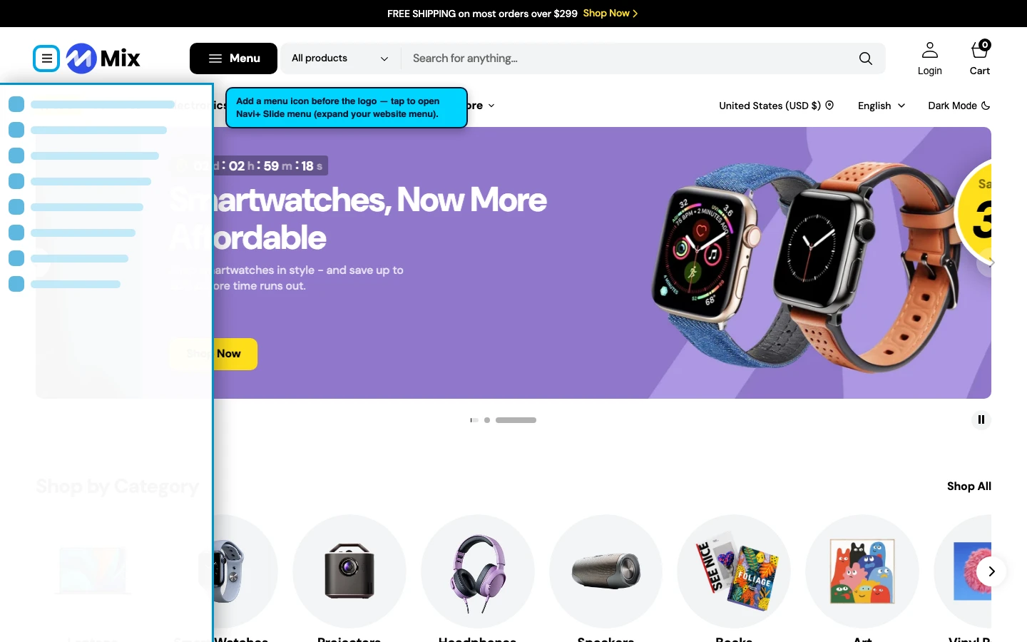 Navi+ trigger icon before the logo on the Mix Shopify theme Navi+ trigger icon before the logo on the Mix Shopify theme