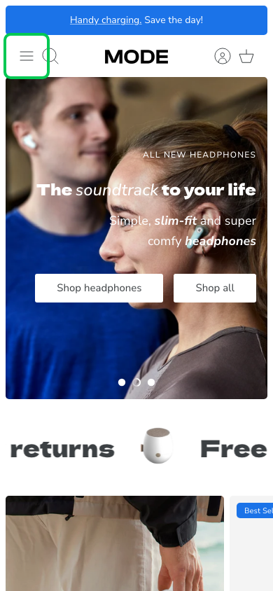 Hamburger → panel opened — Navi+ on the Mode Shopify theme Hamburger → panel opened — Navi+ on the Mode Shopify theme