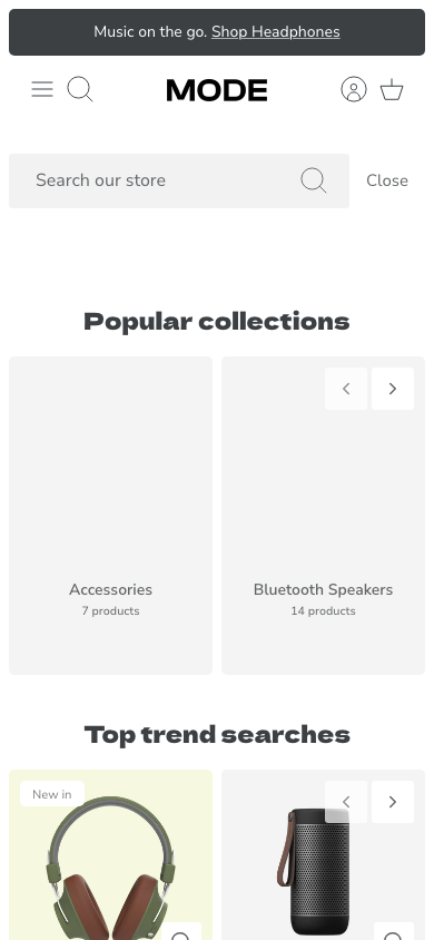 Search → panel opened — Navi+ on the Mode Shopify theme Search → panel opened — Navi+ on the Mode Shopify theme