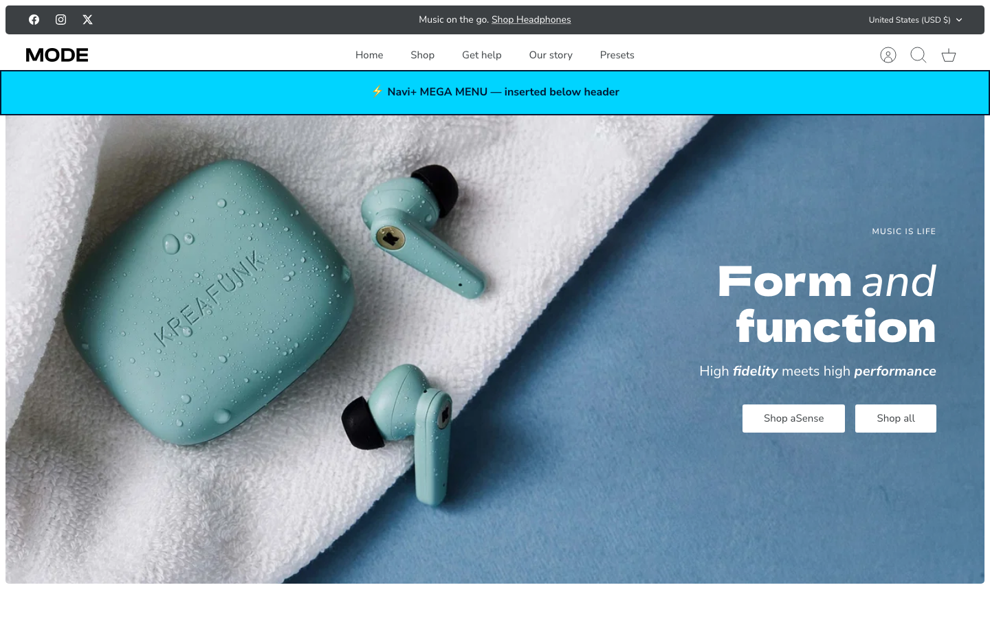 Menu inserted below header — Navi+ on the Mode Shopify theme Menu inserted below header — Navi+ on the Mode Shopify theme