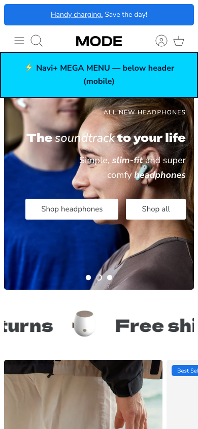 Menu inserted below header — Navi+ on the Mode Shopify theme Menu inserted below header — Navi+ on the Mode Shopify theme
