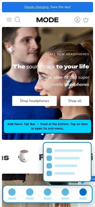 Navi+ Tab Bar on the Mode Shopify theme Navi+ Tab Bar on the Mode Shopify theme