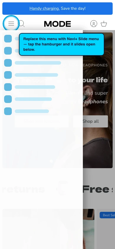 Navi+ Slide Menu on the Mode Shopify theme Navi+ Slide Menu on the Mode Shopify theme
