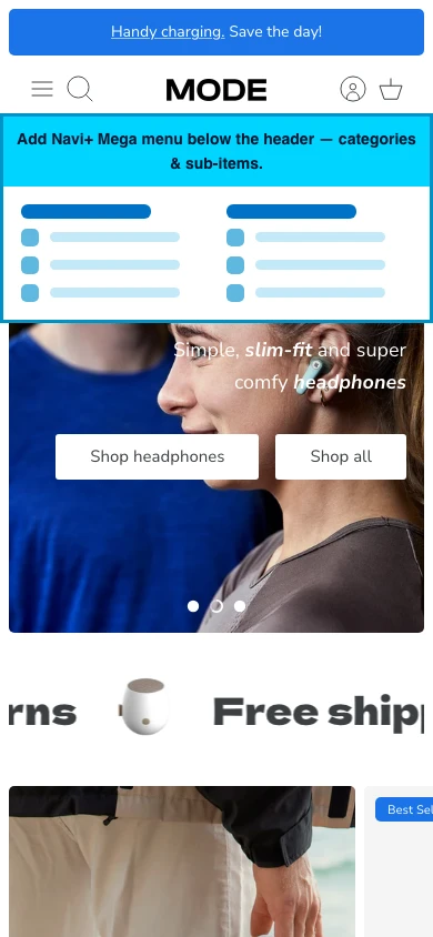 Navi+ mobile Mega Menu on the Mode Shopify theme Navi+ mobile Mega Menu on the Mode Shopify theme