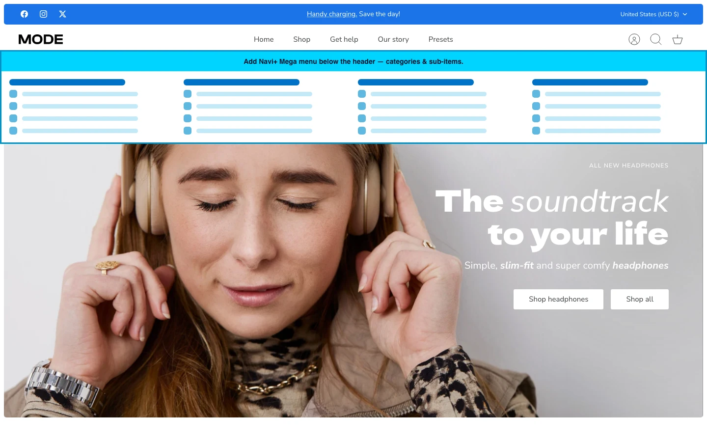 Navi+ Mega Menu inserted below the header on the Mode Shopify theme Navi+ Mega Menu inserted below the header on the Mode Shopify theme