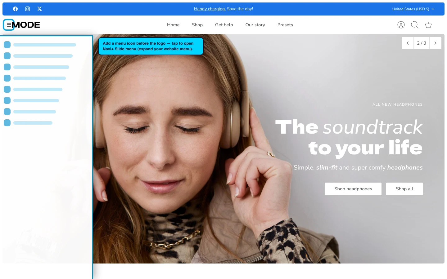 Navi+ trigger icon before the logo on the Mode Shopify theme Navi+ trigger icon before the logo on the Mode Shopify theme