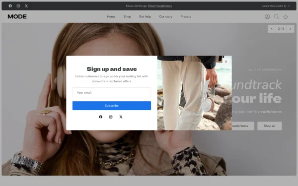 Full-page desktop screenshot of Shopify Mode theme demo store