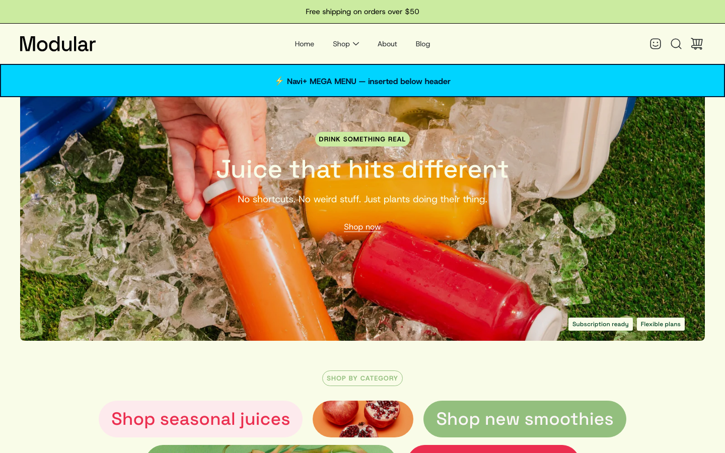 Menu inserted below header — Navi+ on the Modular Shopify theme