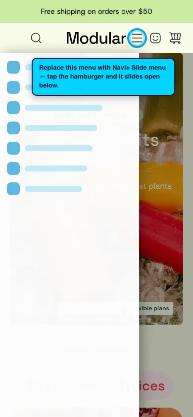Navi+ Slide Menu on the Modular Shopify theme Navi+ Slide Menu on the Modular Shopify theme