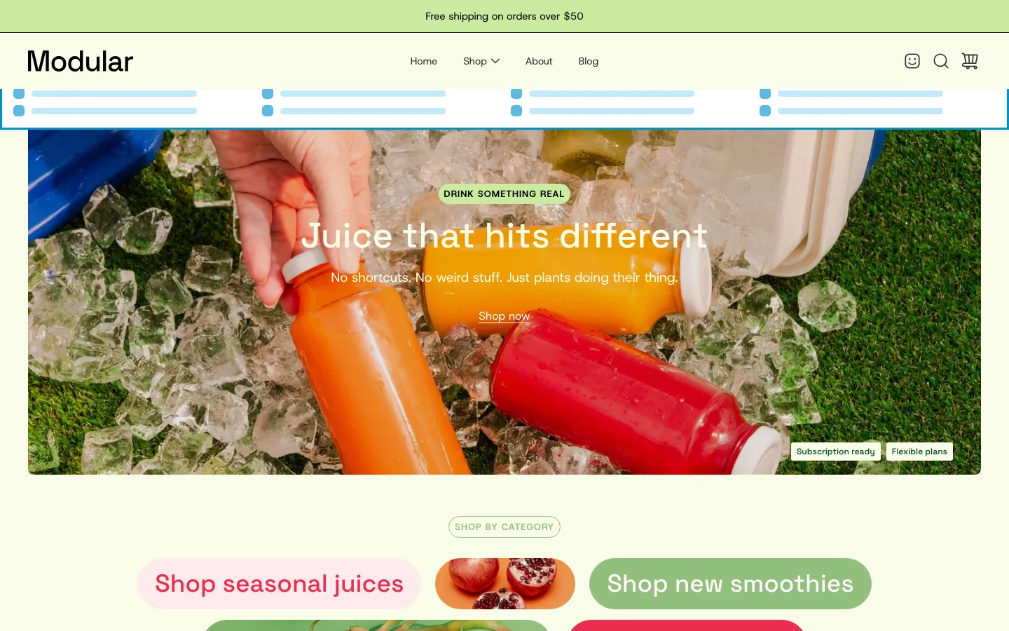 Navi+ Mega Menu inserted below the header on the Modular Shopify theme Navi+ Mega Menu inserted below the header on the Modular Shopify theme