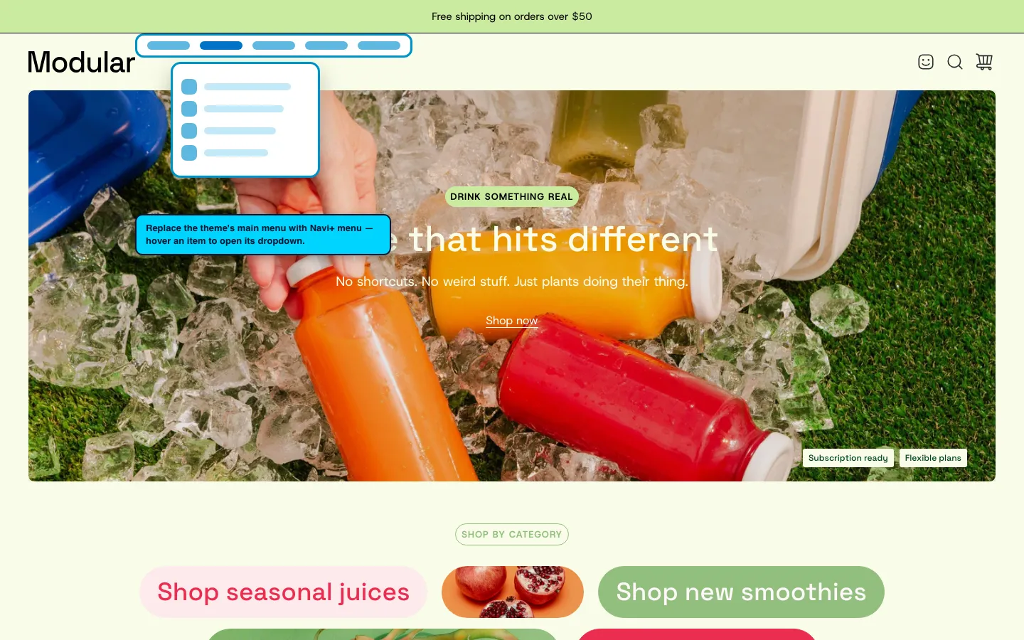 Navi+ Mega Menu replacing the desktop menu on the Modular Shopify theme Navi+ Mega Menu replacing the desktop menu on the Modular Shopify theme