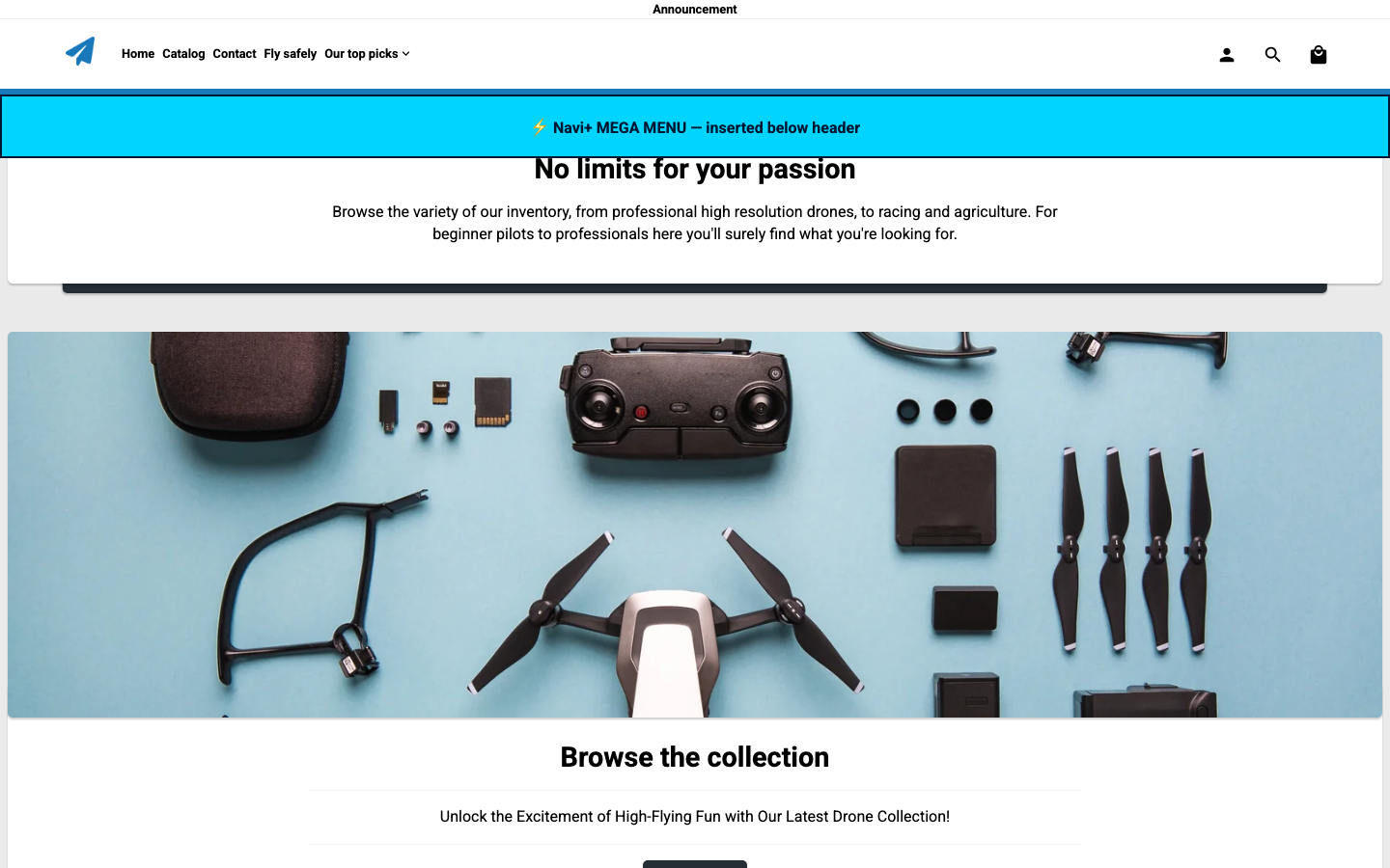 Menu inserted below header — Navi+ on the Modules Shopify theme Menu inserted below header — Navi+ on the Modules Shopify theme