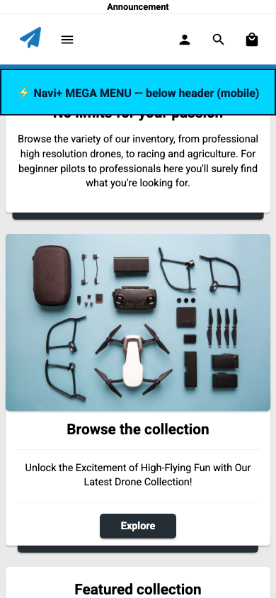 Menu inserted below header — Navi+ on the Modules Shopify theme Menu inserted below header — Navi+ on the Modules Shopify theme