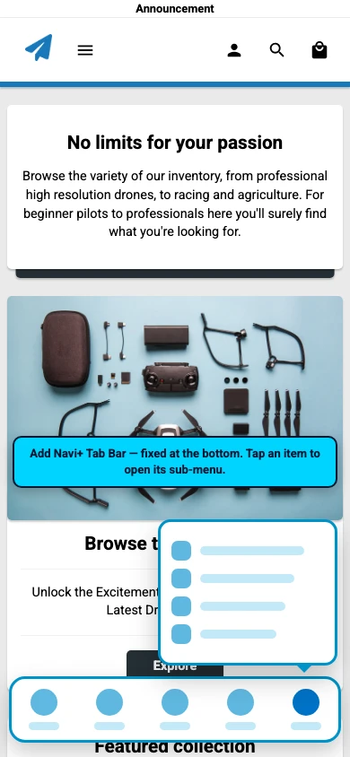 Navi+ Tab Bar on the Modules Shopify theme Navi+ Tab Bar on the Modules Shopify theme