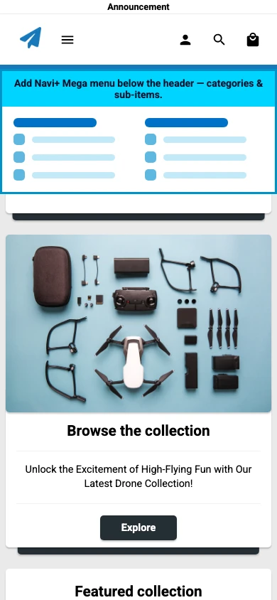 Navi+ mobile Mega Menu on the Modules Shopify theme Navi+ mobile Mega Menu on the Modules Shopify theme