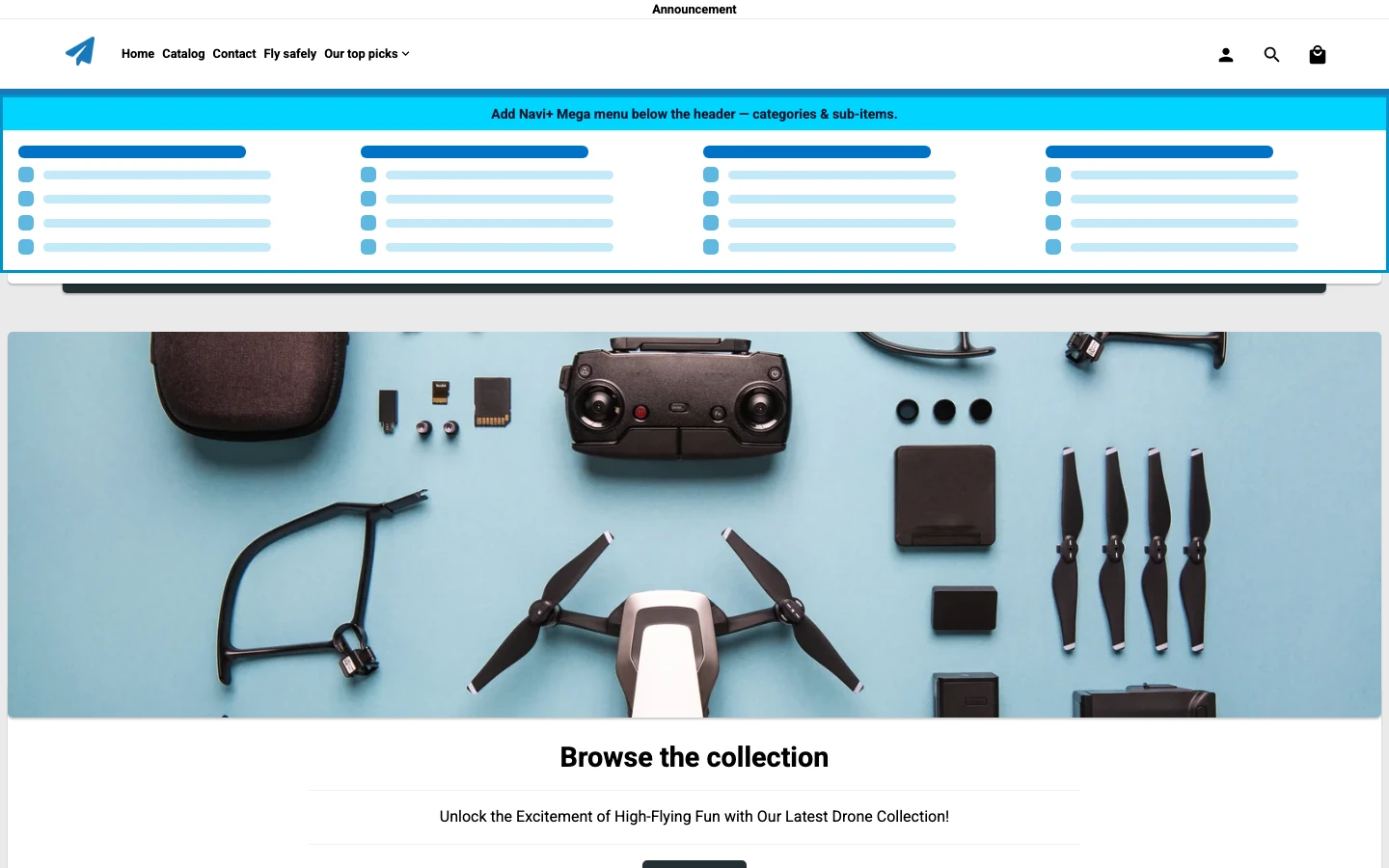 Navi+ Mega Menu inserted below the header on the Modules Shopify theme Navi+ Mega Menu inserted below the header on the Modules Shopify theme