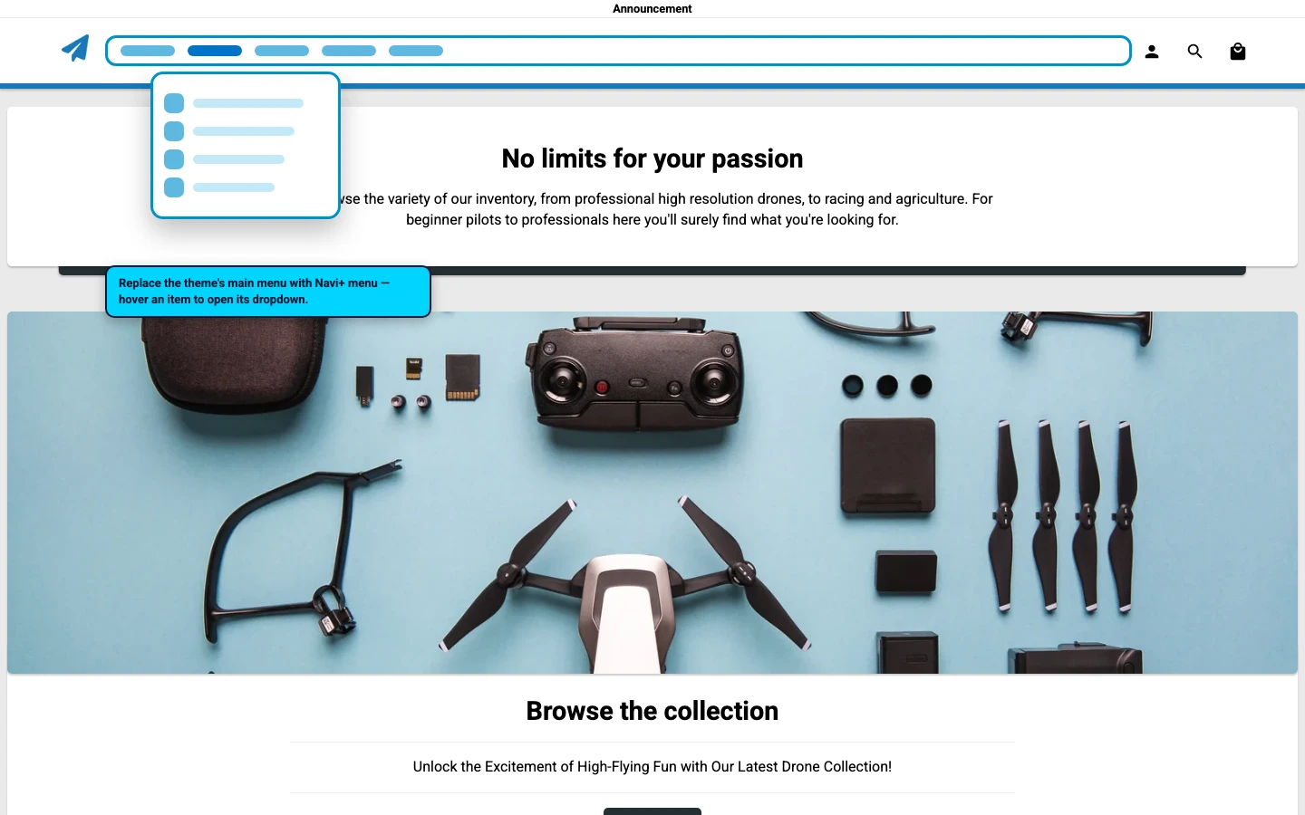 Navi+ Mega Menu replacing the desktop menu on the Modules Shopify theme Navi+ Mega Menu replacing the desktop menu on the Modules Shopify theme
