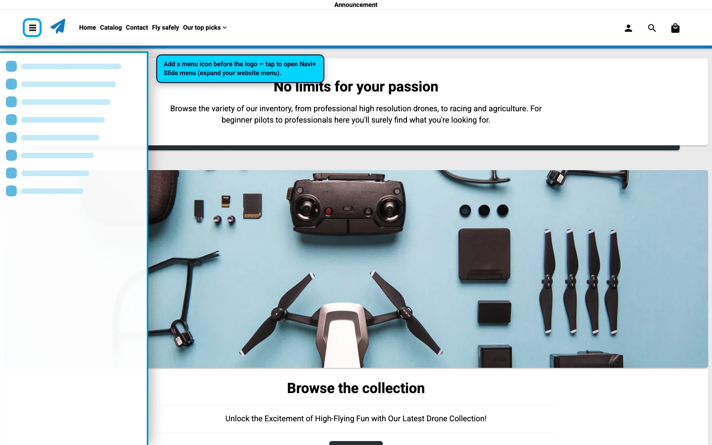 Navi+ trigger icon before the logo on the Modules Shopify theme Navi+ trigger icon before the logo on the Modules Shopify theme