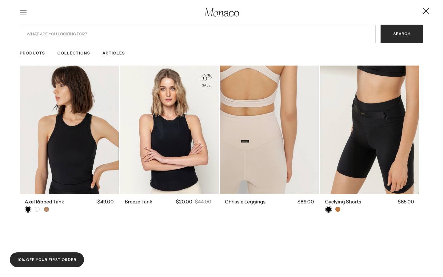 Search → panel opened — Navi+ on the Monaco Shopify theme Search → panel opened — Navi+ on the Monaco Shopify theme